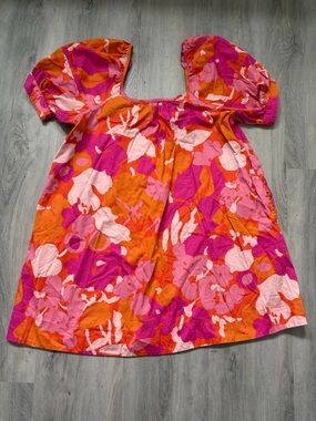 Bright Floral Puff-Sleeve Mini Dress - Pink & Orange